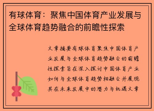 有球体育：聚焦中国体育产业发展与全球体育趋势融合的前瞻性探索
